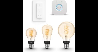 Philips Hue Starterspakket - E27 - met 3 Filament Lampen Mix - Warmwit Licht - Incl. 1 Hue Bridge, 1 Hue Dimmer Switch - Hue White Filament