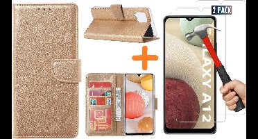 Hoesje Geschikt Voor Samsung Galaxy A12 hoesje wallet case Goud - Galaxy A12 hoesje bookcase Portemonnee- Galaxy A12 Hoesje book cover hoesjes met 2 pack Screenprotector