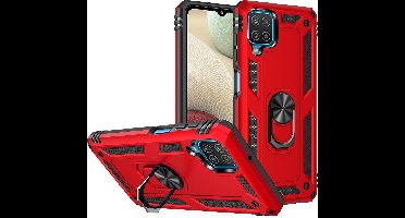 Hoesje Geschikt Voor Samsung Galaxy A12 Hoesje - Galaxy A12 Rood hoesje Anti-Shock Hybrid Armor case Ring houder TPU backcover met kickstand