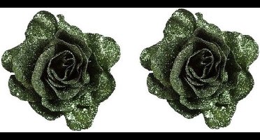 2x Kerstversiering groene glitter rozen op clip 10 cm - Groene kerstversiering / boomversiering