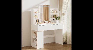 Sierra, kaptafel met Verstelbare LED Verlichting en grote spiegel, Make-up Tafel met 2 grote laden, zijopslag, 4 open compartimenten, 3 lichtsterktes,moderne slaapkamers,kleedkamers