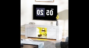 Tv Meubel – TV Kast – TV Dressoir – Media Meubel – Woonkamer Meubel – Minimalistisch Design – Wit – 2 Deuren – Glazen Planken – Compact – Gemakkelijk Montage