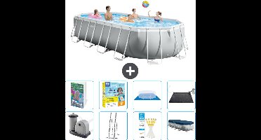 Intex Ovaal Prism Frame Zwembad - 610 x 305 x 122 cm - Grijs - Inclusief Pomp - Ladder - Grondzeil - Afdekzeil - Onderhoudspakket - Solar Mat - 9-delig