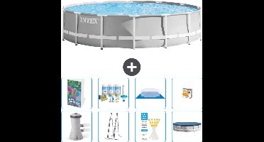 Intex Rond Prism Frame Zwembad - 427 x 107 cm - Grijs - Inclusief Pomp - Ladder - Grondzeil - Afdekzeil - Onderhoudspakket - Speelgoed - 9-delig