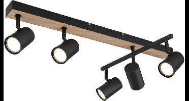 Plafondspot zwart spot plafondlamp strip 5 vlammen, metaal MDF hout look Scandinavisch, 5x GU10 stopcontacten, LxBxH 70x35x18cm