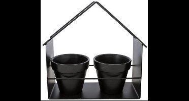 Cosy @ Home Decorek House Zwarte Decoratiepotjes Set van 2 – Ø10×H9cm – Plantenpotje / Opbergpotje