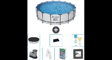 Bestway Rond Steel Pro MAX Zwembad - 488 x 122 cm - Grijs - Inclusief Pomp - Ladder - Afdekzeil - Solar Mat - Vloertegels - 8-delig
