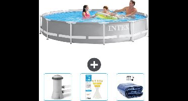 Intex Rond Prism Frame Zwembad - 366 x 76 cm - Grijs - Inclusief Zwembadfilterpomp - Testrips - Solarzeil
