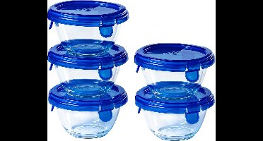 Pyrex - Cook & Go Schaal Rond met Deksel 200 ml Set van 5 Stuks - Transparant/Blauw