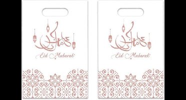 18x stuks Ramadan Mubarak thema feestzakjes/uitdeelzakjes wit/rose goud 23 x 17 cm - Suikerfeest/offerfeest