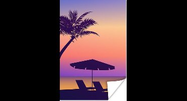 Poster Strandstoel - Parasol - Palmboom - Nacht - 20x30 cm