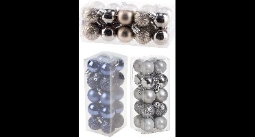 Kleine kunststof kerstversiering 60x stuks set en 3 cm kerstballen in het zilver-champagne-blauw - Voor kleine kerstbomen