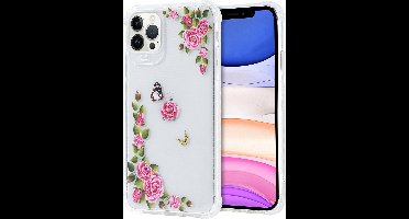 Siliconen Hoesje met bloemenprint Geschikt voor iPhone 11 Pro Vlinders en rozen – Transparant