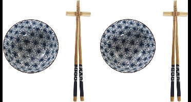 6-delige sushi serveer set aardewerk voor 2 personen blauw/wit - Sushi servies
