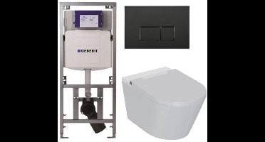 QeramiQ Luma Douche WC Set - Geberit UP320 inbouwreservoir - met Burda frame - fohn - ladydouche - mat zwarte kunststof bedieningsplaat - rechthoekige knoppen - glans wit