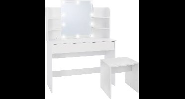 Kaptafel 108x40x140 cm in wit met spiegel, LED-verlichting, grote lade & kruk ML-Design