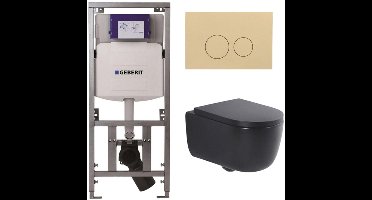 QeramiQ Dely Swirl Toiletset - 36.3x51.7cm - Geberit UP320 inbouwreservoir - met Burda frame - slim zitting - bedieningsplaat beige - ronde knoppen - mat zwart