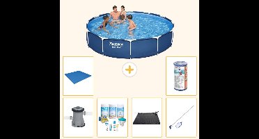 Bestway Rond Steel Pro Zwembad - 366 x 76 cm - Blauw - Inclusief Pomp - Onderhoudspakket - Solar Mat - Schoonmaakset - Grondzeil - Filter - 7-delig