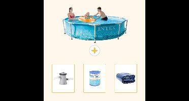 Intex Rond Frame Zwembad - 305 x 76 cm - Waterprint - Inclusief Pomp - Filter - Solarzeil - 4-delig