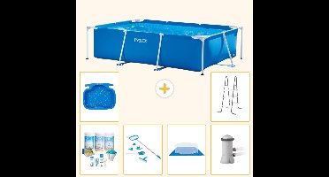 Intex Rechthoekig Frame Zwembad - 300 x 200 x 75 cm - Blauw - Inclusief Onderhoudspakket - Schoonmaakset - Grondzeil - Zwembadfilterpomp - Voetenbad - Ladder - 7-delig