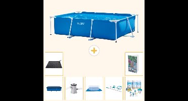 Intex Rechthoekig Frame Zwembad - 220 x 150 x 60 cm - Blauw - Inclusief Afdekzeil - Zwembadfilterpomp - Grondzeil - Schoonmaakset - Solar Mat - Onderhoudspakket - Zwembadgids - 8-delig