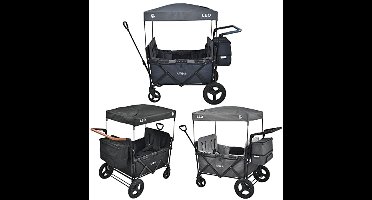 FableKids Volgwagen Leo X4Plus met dak | Opvouwbare transportwagen | Belastbaar tot 20 kg per zitplaats | 4X 5-puntsgordel | 360° Offroad wielen | Oxford 600D| Ventilatiematten | Blauwbessenblauw