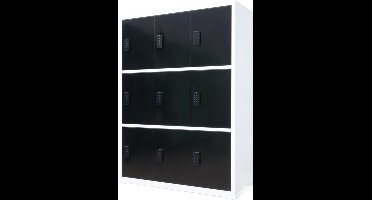 Lockerkast met digitaal cijferslot - Zwart/Wit - 112x42x150 cm - 9 lockers