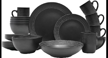 Sierra Serviesset, 30-delig vintage “BlackStyle” servies - Modern design - Voor 6 personen - Aardewerk servies met 6 dinerborden, 6 dessertborden, 6 kommen - 6 theekopjes, 6 soepborden
