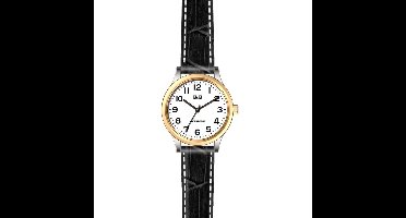 Q&Q C15A-500PY - Horloge - Analoog - Vrouwen - Dames - Leren band - Rond - Staal - Zwart - Zilverkleurig - Goudkleurig