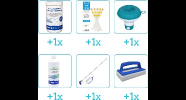Zwembad Onderhoudsset - Startersset bevat Chloor - Testrips - Chloordrijver en Anti Alg - Schoonmaakset - Scrubborstel - Interline Onderhoud Starterspakket- voor Opzetzwembaden - Voor middelgrote zwembaden van 2500 tot 25.000 liter (6-delig)