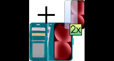 Hoesje - Met 2x Screenprotector - Geschikt voor Apple iPhone 15 Plus - Luxe Pasjeshouder - Bookcase Portemonee - Flip Case - Kunstleer Book Case - Flipcase Hoes - Book Cover - Walletcase - Portemonneehoes - Turquoise