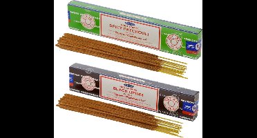 Satya Wierook cadeaus set - 2x geurstokjes - Patchouli en Black Opium geur - Meditatie