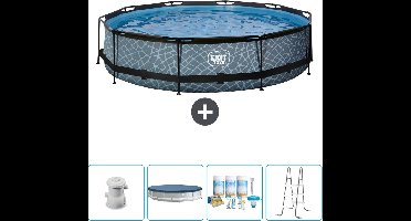 EXIT Rond Stone Frame Zwembad - 360 x 76 cm - Inclusief Pomp Afdekzeil - Onderhoudspakket - Ladder - Nu extra voordelig