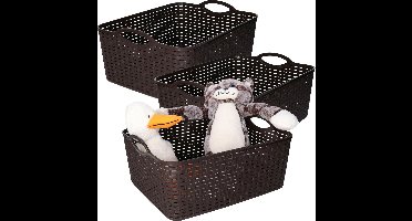 Plasticforte opbergmandje/kastmandje - 3x - 11 liter - donkerbruin - kunststof - 35 x 28 x 16 cm - nestbaar