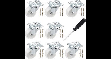 Zwenkwielenset 38 mm, 8 stuks wielen voor meubels, meubelwielen zonder rem, 360° draaibare wielen, industriële wielen, wit, met 1 schroevendraaier en 32 schroeven, hoogte 50 mm, totale draagkracht 160 kg