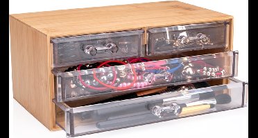 Touch Of Beauty Opbergbox - Make Up Organizer - Bamboe Organizer - 4 Transparante Lades - 13.8 x 23.7 x 11 cm - Bamboe/ Kunststof