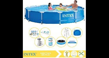 Intex Metal Frame Zwembad - Opzetzwembad - 366x76 cm - Inclusief Solarzeil Pro, Onderhoudspakket, Zwembadpomp, Filter, Grondzeil, Onderhoudsset, Trap en Voetenbad