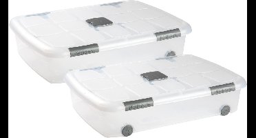 Plasticforte Opslagbox - 2x stuks - met deksel - 41L - 73 x 55 x 16 cm - transparant - opbergbak - met wielen