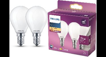 Philips LED lamp - Kogellamp met E14 fitting - Warmwit licht: 2700K - 25W - Mat glas - 2-pack