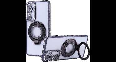 Hoesje Geschikt voor Samsung Galaxy A55 Magsafe hoesje Zwart - Lens beschermer ring Luxury Bling Sparkly Diamond backcover