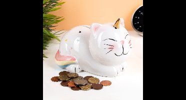 Spaarpot eenhoorn kat/poes met slotje - 17 x 12 cm - Unicorn katten/dieren spaarpotten - meisjes