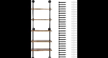 Industrieel Pijprek, 5 Etages, 61 x 25 cm, Wandmontage, Rustiek Hout, Tentoonstellingsrek voor Keuken, Slaapkamer, Badkamer, Woonkamer, Metaal，Hout, Zwart