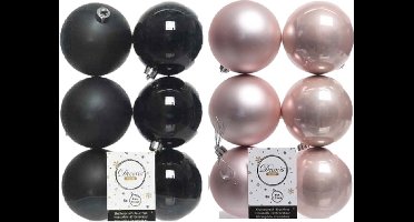 24x stuks kunststof kerstballen zwart en lichtroze 8 cm - Kerstversiering/kerstboomversiering