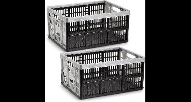Plasticforte Opvouw krat - 2x - zwart/zilver - 48 x 35 x 24 cm - boodschappen - 32 liter