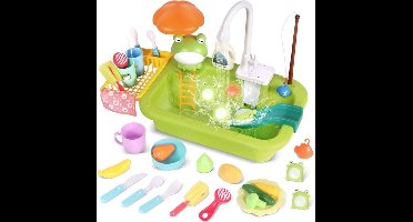 Speelgootsteen - met stromend water - Keukenspeelgoed met functionele kraan - Speelgoedeten en keukenaccessoires - Drijvend viswaterspeelgoed voor peuters, fantasiespel met afwasmachine voor kinderen