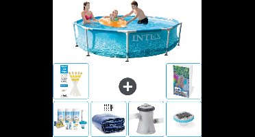 Intex Rond Frame Zwembad - 305 x 76 cm - Waterprint - Inclusief Onderhoudspakket - Solarzeil - Zwembadfilterpomp - Verlichting - 7-delig