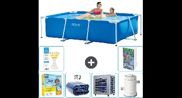 Intex Rechthoekig Frame Zwembad - 220 x 150 x 60 cm - Blauw - Inclusief Onderhoudspakket - Solarzeil - Warmtepomp - Zwembadfilterpomp - 7-delig