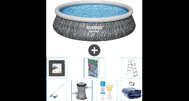 Bestway Rond Opblaasbaar Fast Set Zwembad - Rotanprint - 457 x 107 cm - Inclusief Pomp - Ladder Solarzeil - Vloertegels - Stofzuiger - 8-delig