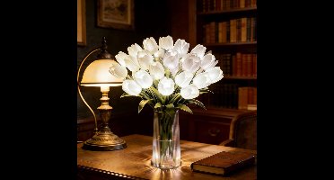 10 stuks wit kunsttulpen met LED-verlichting – 'Real Touch' tulpenboeket voor paasdecoratie, lentedecoratie, Moederdag, huis, keuken en bruiloften