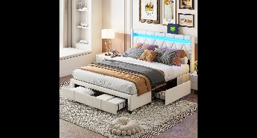 Linkforu - Gestoffeerd Tweepersoonsbed met LED-Verlichting & USB-Poorten - met 4 Laden – Excl. Matras – Linnen - Beige – 160x200 cm – tot 260 kg